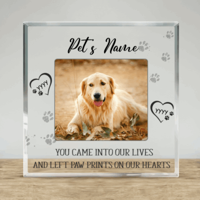 Custom Dog Photo Memorial Plaque - Pet Memorial Gift with photo, name, and years, decorated with paw prints and hearts, featuring the quote “You came into our lives and left paw prints on our hearts", a thoughful Pet Loss Gift