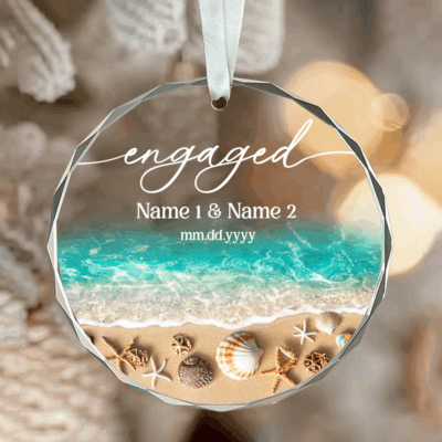 Personalized Beach Engaged Glass Ornament - Newly Engaged Gift, Custom Couple Name and Special Date Keepsake, Engagement Christmas Ornament