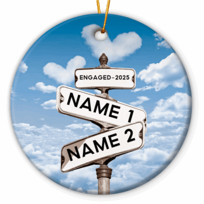 Personalized engagement ceramic ornament featuring couple names on a street sign design, romantic Christmas keepsake gift for fiancé and fiancée.