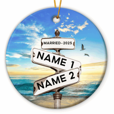 Personalized Married Ornament 2025 – Custom Couple Name Street Sign Ornament, Newlywed Christmas Ceramic Ornament, Marriage Keepsake Gift