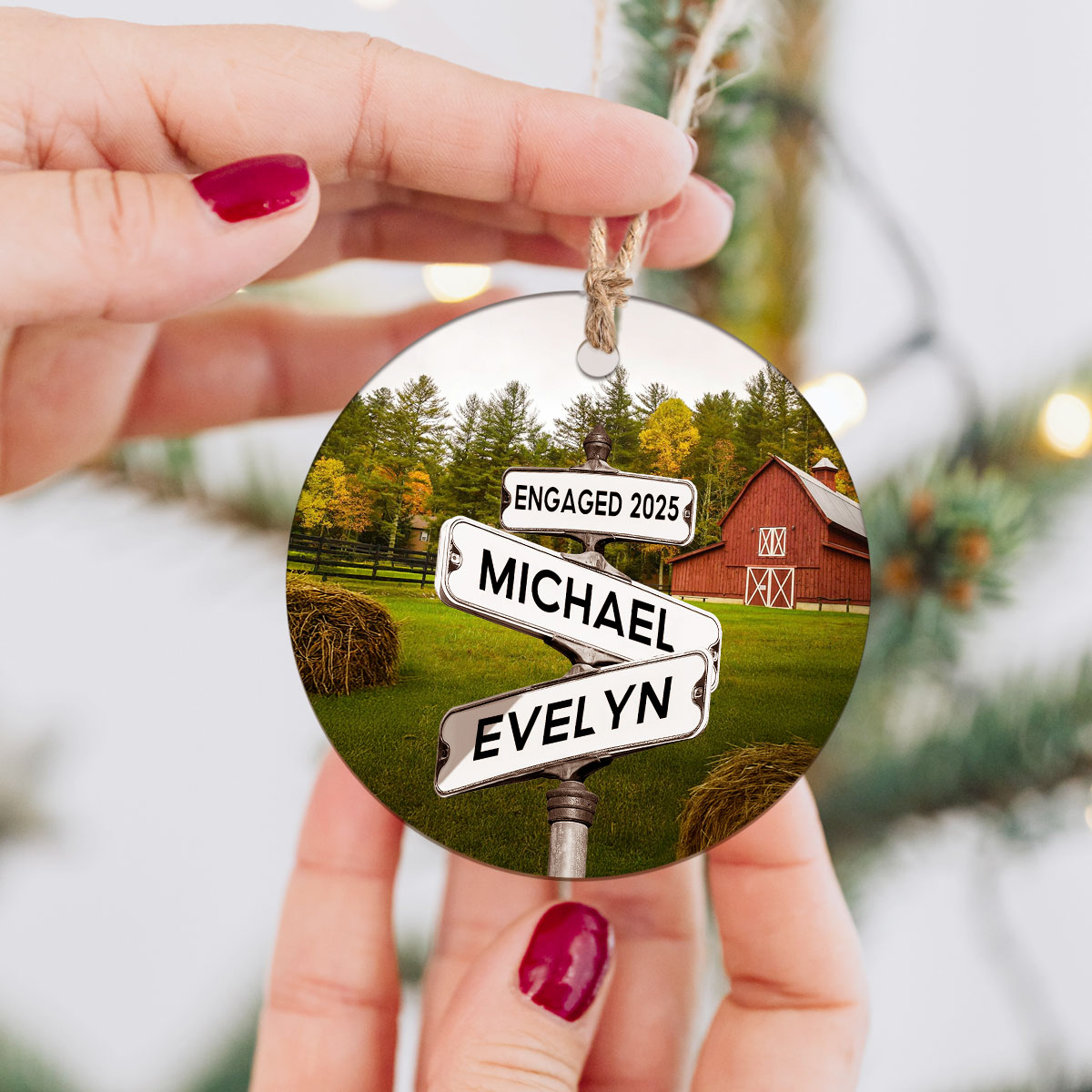 Personalized Engagement Ceramic Ornament 2025 – Custom Couple Name Street Sign Ornament, Engaged Christmas Gift for Fiancé and Fiancée 1 Personalized engagement ceramic ornament featuring couple names on a street sign design, romantic Christmas keepsake gift for fiancé and fiancée.