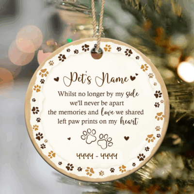 Personalized dog memorial ornament featuring paw prints and custom pet name, sympathy gift for pet loss or remembrance keepsake for dog or cat owners.