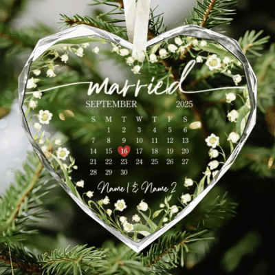 Personalized wedding ornament featuring a custom calendar design with couple names and wedding date, perfect newlywed Christmas keepsake gift 2025.