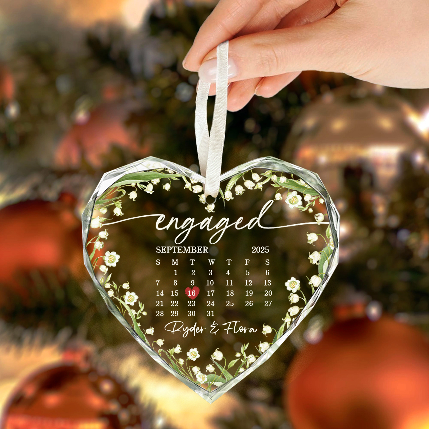 Personalized Engaged Ornament – Custom Engagement Date Calendar Glass Ornament with Couple Names, Engaged Christmas Gift for Fiancé & Fiancée 1 Personalized engaged glass ornament featuring a custom calendar design with couple names and engagement date, Christmas or engagement gift for fiancé and fiancée.