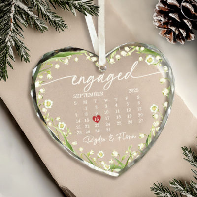 Benicee Shop 33 Personalized engaged glass ornament featuring a custom calendar design with couple names and engagement date, Christmas or engagement gift for fiancé and fiancée.