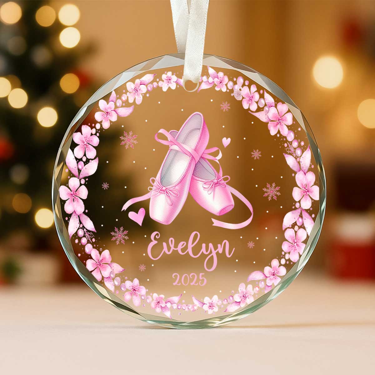 Personalized Ballerina Ornament – Custom Ballet Shoes Glass Ornament With Name, Dance Recital Christmas Gift for Girl, Ballet Dancing Keepsake 1 Personalized ballerina ornament featuring ballet shoes and custom name, elegant Christmas gift for young dancer or ballet lover keepsake.