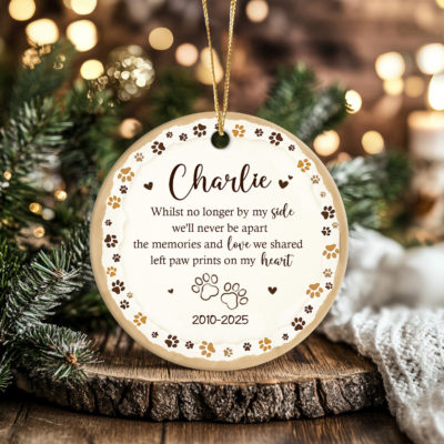 Personalized dog memorial ornament featuring paw prints and custom pet name, sympathy gift for pet loss or remembrance keepsake for dog or cat owners.