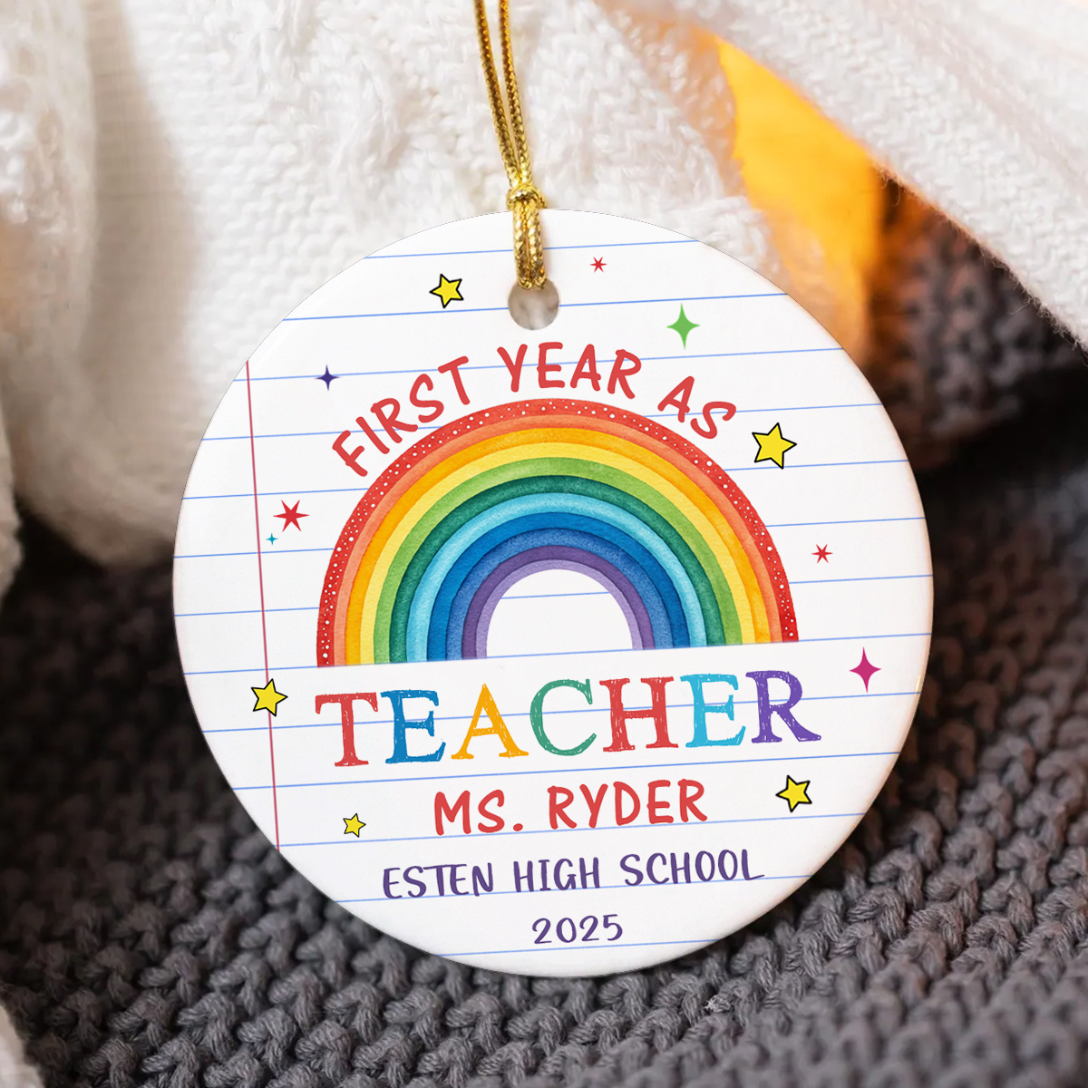 Personalized First Year Teacher Ornament – Custom Christmas Ornament for New Teacher, Teacher Ceramic Ornament, Teacher Gift from Student 1 Personalized first year teacher Christmas ornament with teacher’s name and year, custom gift from students for new educators.