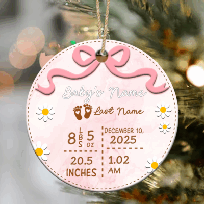 Personalized baby birth stats ornament with name, birth date, and details; baby’s first Christmas keepsake gift for new parents or newborn.
