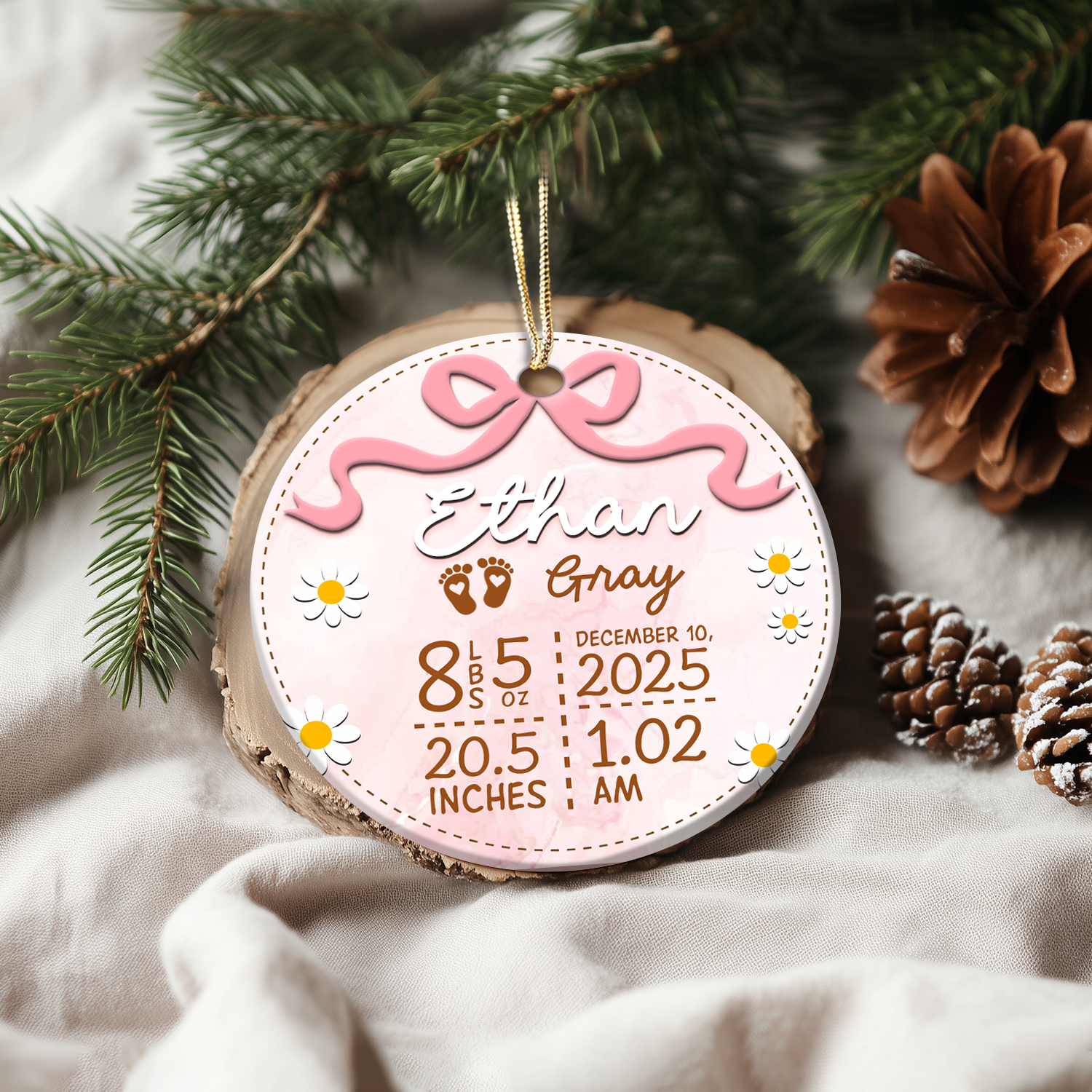 Personalized Baby Birth Stats Ornament – Baby Girl First Christmas Keepsake, Custom Baby Name Ceramic Ornament, Newborn Gift for Baby or Parents 1 Personalized baby birth stats ornament with name, birth date, and details; baby’s first Christmas keepsake gift for new parents or newborn.