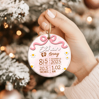 Benicee Shop 29 Personalized baby birth stats ornament with name, birth date, and details; baby’s first Christmas keepsake gift for new parents or newborn.