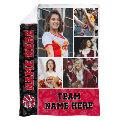 Personalized cheerleading blanket with team photos, name, and cheer theme; custom cheerleader photo collage blanket, perfect Christmas gift for girls or cheer teams.