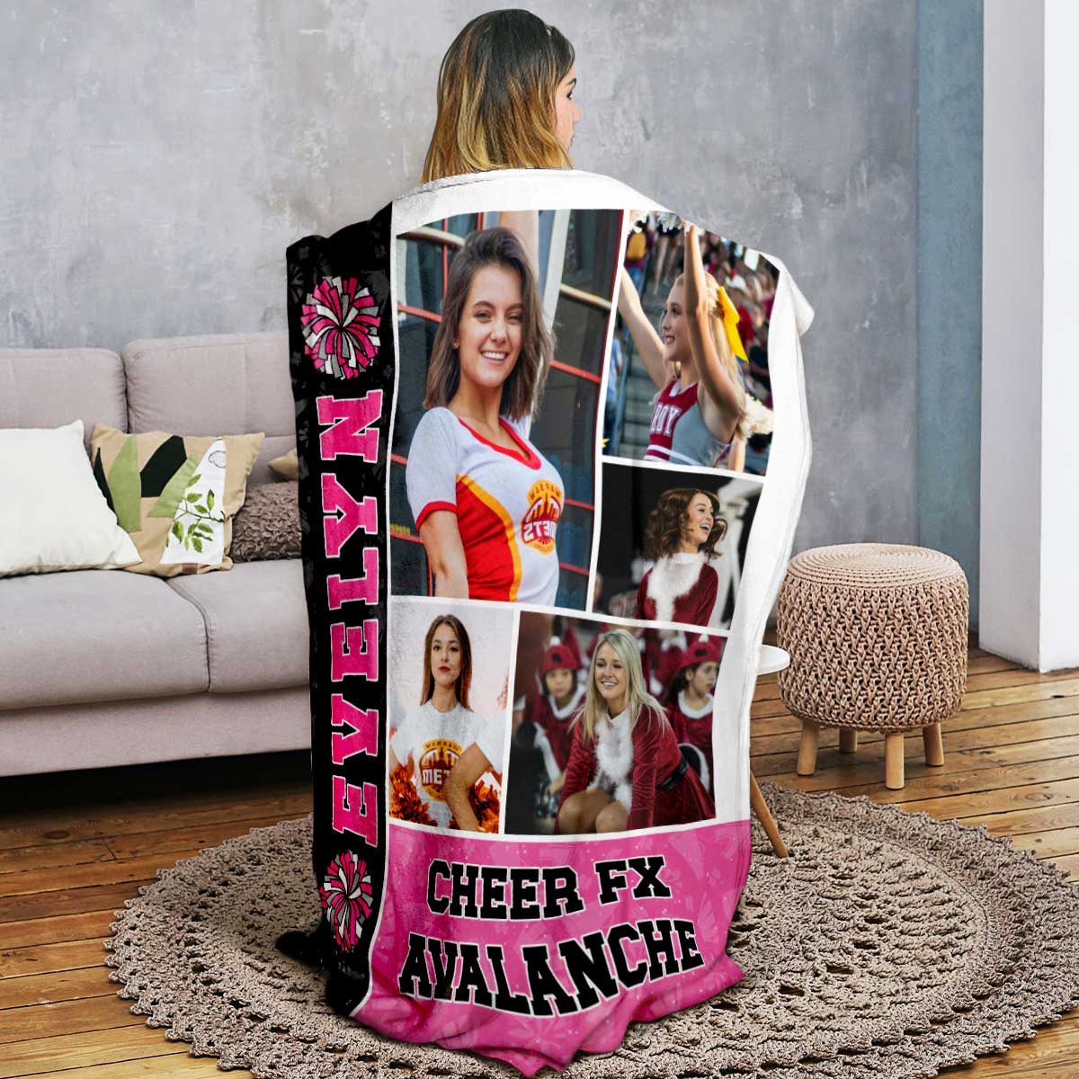 Personalized Cheerleading Blanket – Custom Cheer Team Photo Collage Blanket with Name, Cheerleader Christmas Gift for Girls 1 Personalized cheerleading blanket with team photos, name, and cheer theme; custom cheerleader photo collage blanket, perfect Christmas gift for girls or cheer teams.