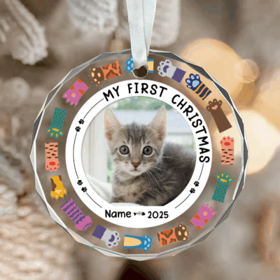 Personalized kitten first Christmas ornament with photo and name, custom cat lover gift, new pet holiday keepsake for cat owners.
