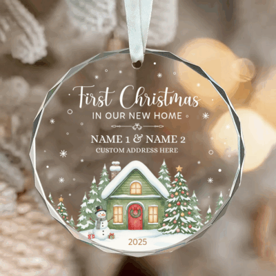 Personalized new home glass ornament with couple’s names, address, and year; custom first home Christmas ornament gift for couples or new homeowners.