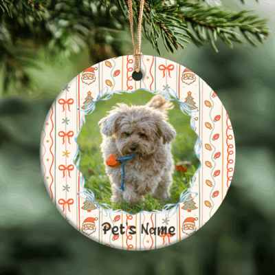 Custom photo Christmas ornament with pet name, custom Christmas keepsake gift for dog lovers, dog mom and dad ceramic ornament decoration.