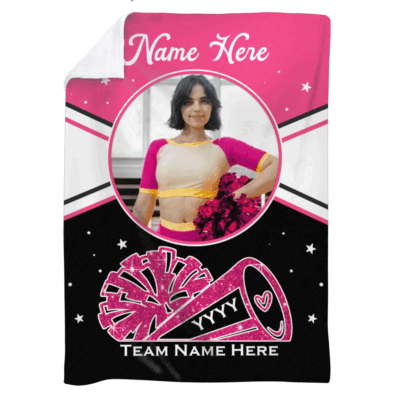 Personalized cheerleading blanket with name and team colors, custom cheerleader gift for girls or coach, cheer team Christmas blanket keepsake.