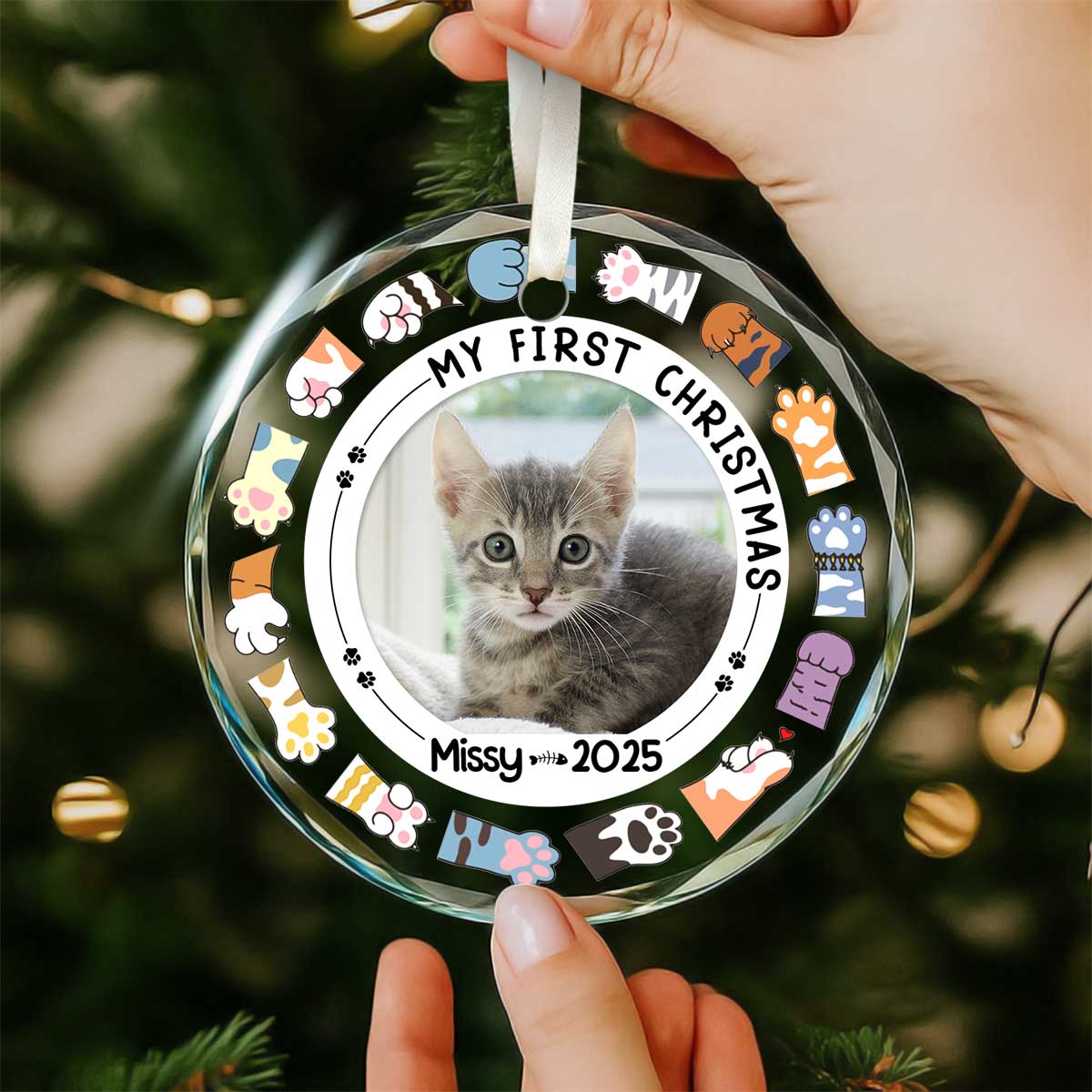 Personalized kitten first Christmas ornament with photo and name, custom cat lover gift, new pet holiday keepsake for cat owners.