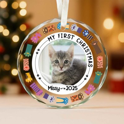 Benicee Shop 25 Personalized kitten first Christmas ornament with photo and name, custom cat lover gift, new pet holiday keepsake for cat owners.