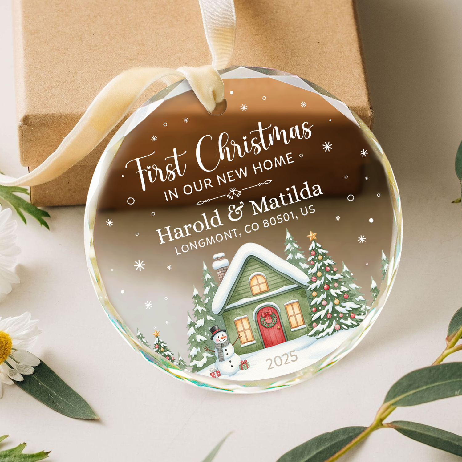 Personalized New Home Glass Ornament - First Christmas in Our New Home Ornament, Custom Couple Name & Address Gift, First Home Ornament 2025 1 Personalized new home glass ornament with couple’s names, address, and year; custom first home Christmas ornament gift for couples or new homeowners.