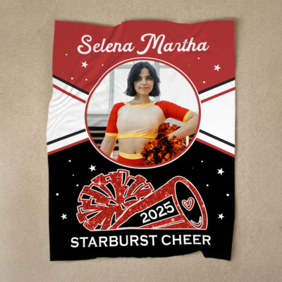 Personalized cheerleading blanket with name and team colors, custom cheerleader gift for girls or coach, cheer team Christmas blanket keepsake.