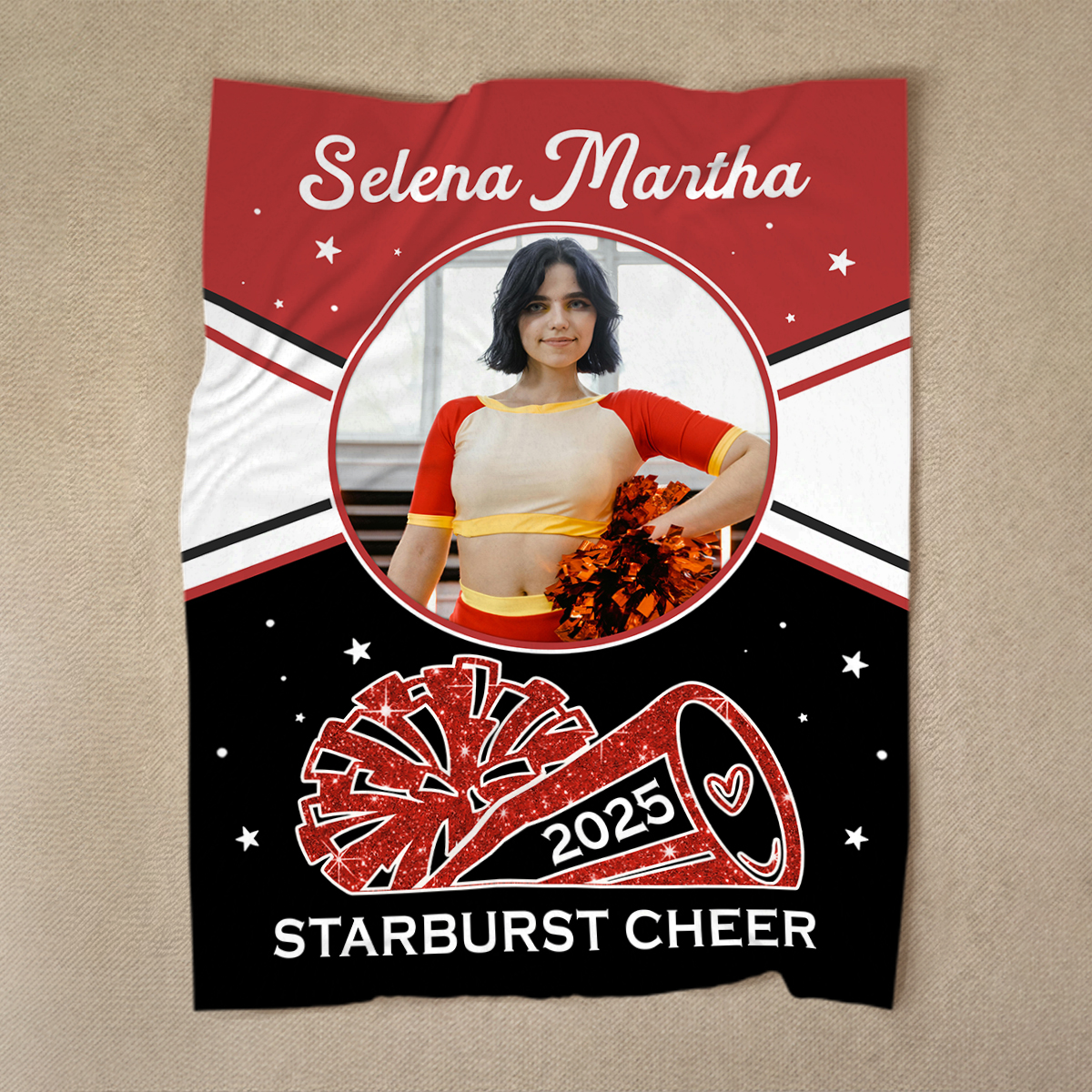 Personalized cheerleading blanket with name and team colors, custom cheerleader gift for girls or coach, cheer team Christmas blanket keepsake.