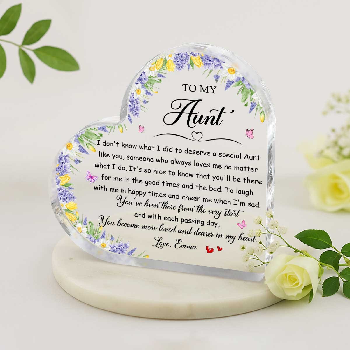 Personalized acrylic plaque for aunt with custom name and message, Christmas gift from nephew or niece, elegant keepsake décor.