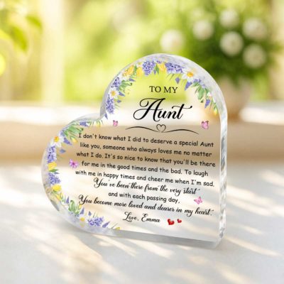 Personalized acrylic plaque for aunt with custom name and message, Christmas gift from nephew or niece, elegant keepsake décor.