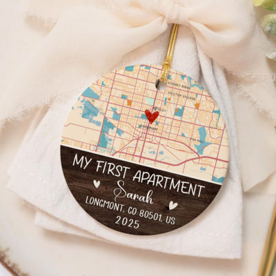 Personalized First Apartment Ornament with custom map and address, new apartment gift for friend or realtor, first home keepsake decoration.