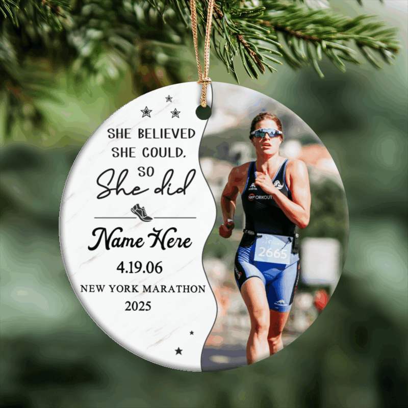 Personalized Marathon Runner Ornament with name and race details, custom running Christmas ornament, marathon keepsake gift for runners.