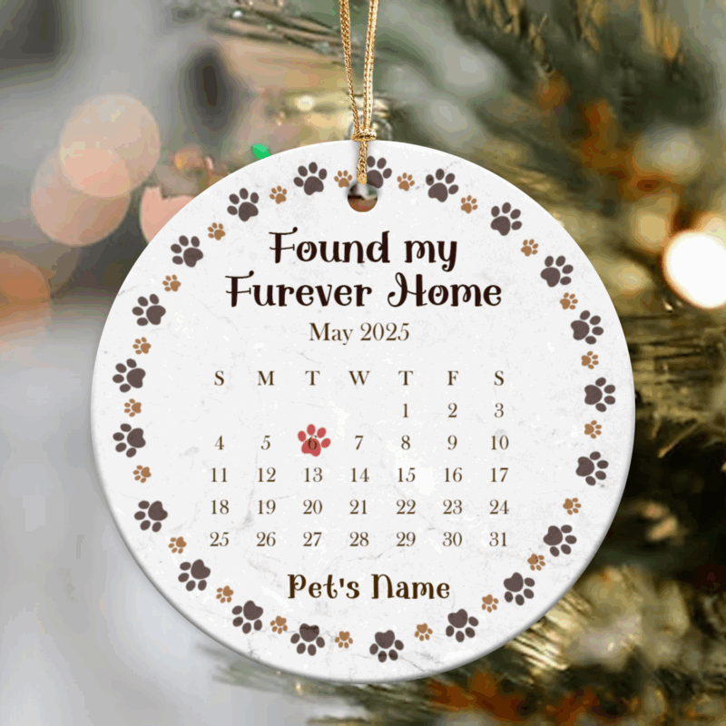 Personalized Pet Adoption Ornament with pet name and Gotcha Day details, ceramic Pet’s First Christmas ornament for dog or cat.