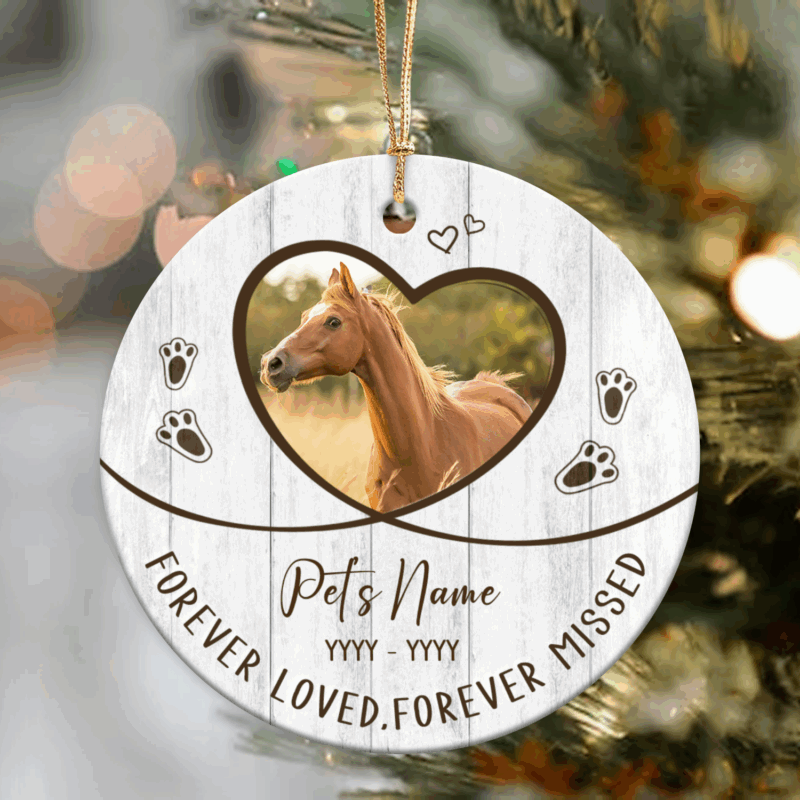 Personalized horse memorial ceramic ornament with horse photo and name, custom pet loss keepsake gift for horse owners.