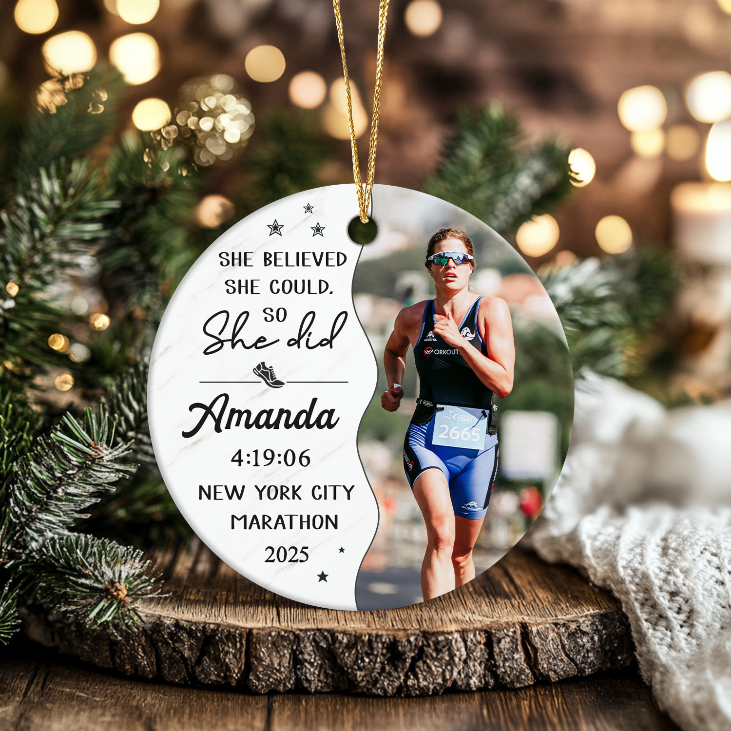 Personalized Marathon Runner Ornament – Custom Running Christmas Ornament, Marathon Gift for Runner, Race Day Keepsake Ornament 1 Personalized Marathon Runner Ornament with name and race details, custom running Christmas ornament, marathon keepsake gift for runners.