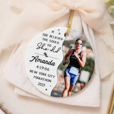 Personalized Marathon Runner Ornament with name and race details, custom running Christmas ornament, marathon keepsake gift for runners.