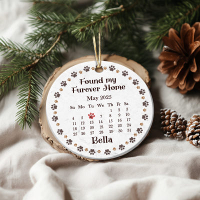 Personalized Pet Adoption Ornament with pet name and Gotcha Day details, ceramic Pet’s First Christmas ornament for dog or cat.