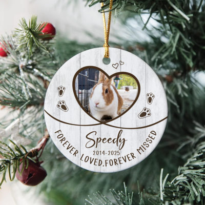 Personalized Bunny Memorial Ornament with rabbit name and dates, custom ceramic pet loss keepsake for rabbit owners.
