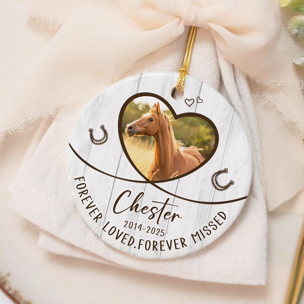 Personalized Horse Memorial Ornament – Custom Photo Horse Ceramic Ornament, Sympathy Decoration for Horse Owner, Horse Loss Keepsake Gift 1 Personalized horse memorial ceramic ornament with horse photo and name, custom pet loss keepsake gift for horse owners.