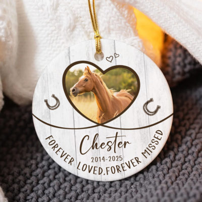 Personalized horse memorial ceramic ornament with horse photo and name, custom pet loss keepsake gift for horse owners.