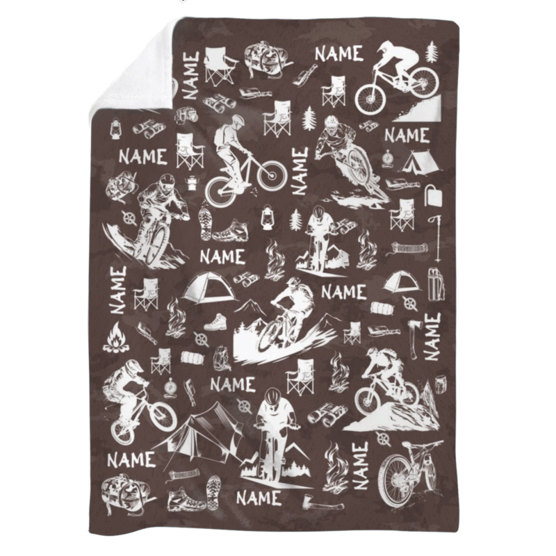Personalized mountain bike blanket with name, custom MTB rider gift for cyclists and camping enthusiasts.