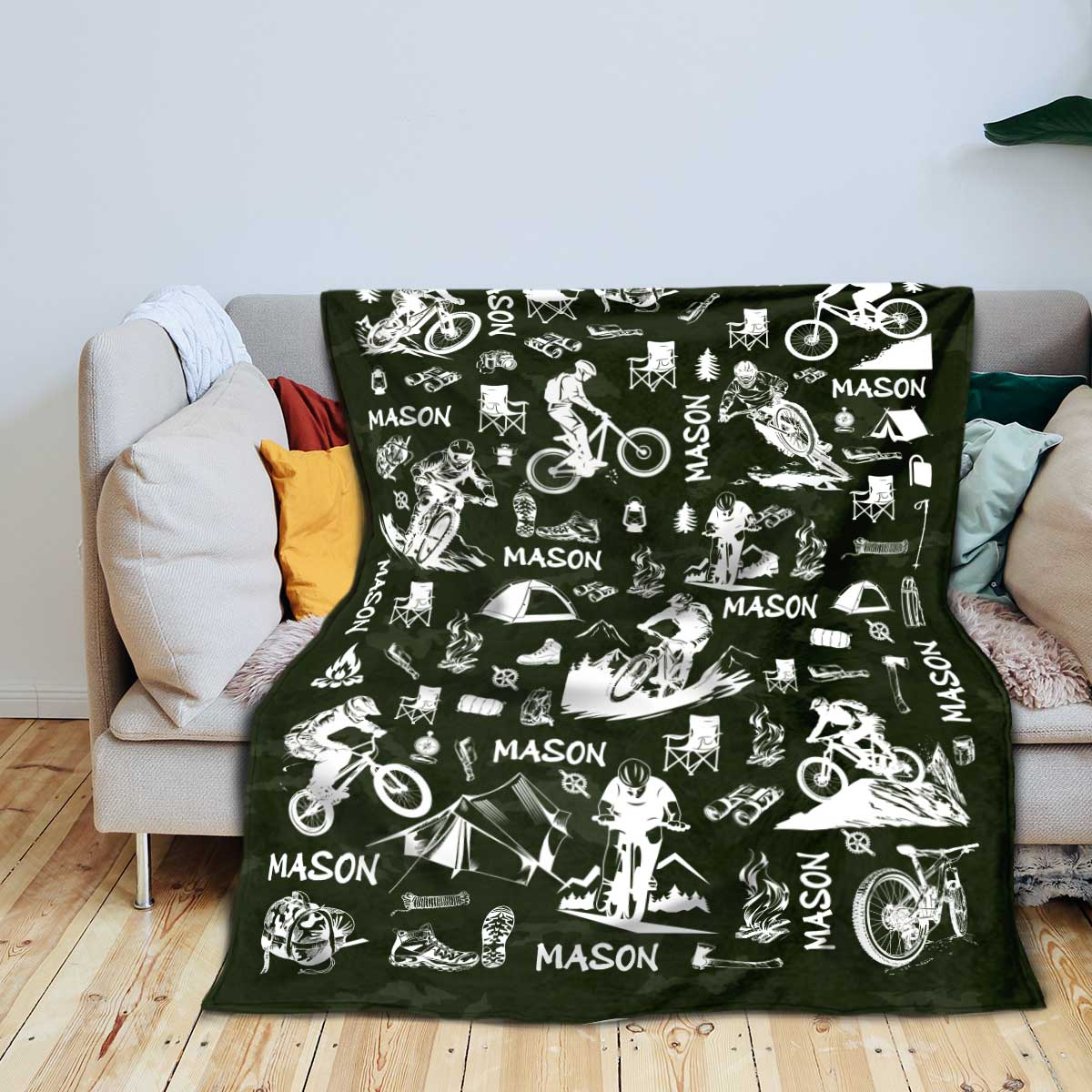Personalized mountain bike blanket with name, custom MTB rider gift for cyclists and camping enthusiasts.