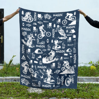 Personalized mountain bike blanket with name, custom MTB rider gift for cyclists and camping enthusiasts.