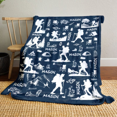 Personalized hiker blanket with custom name, cozy fleece for outdoor and camping lovers.