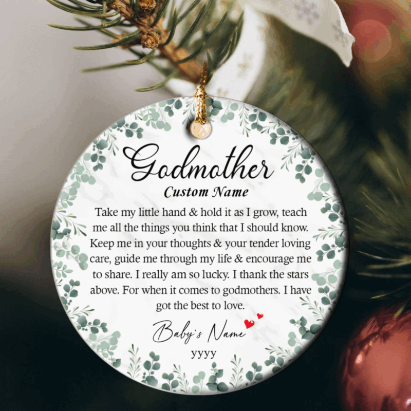 Custom Godmother Ornament - Personalized Baptism Gift with custom name and message, baptism and christening thank-you gift, Christmas godchild keepsake for godmothers.