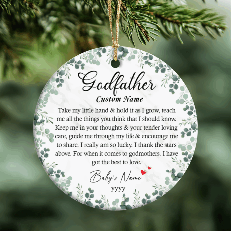Custom Godfather Christmas Ornament - Personalized Godfather Gift with custom name and year, baptism and christening keepsake gift for godfathers, custom holiday ornament from godchild.