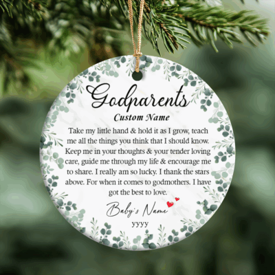 Personalized Christmas Gifts 2025 17 Custom Godparents Ceramic Ornament - Christmas Baptism Gift with custom name and date, baptism and christening keepsake gift for godparents, Christmas godparent ornament.