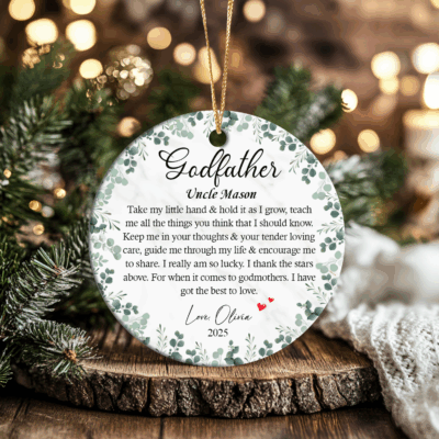 Custom Godfather Christmas Ornament - Personalized Godfather Gift with custom name and year, baptism and christening keepsake gift for godfathers, custom holiday ornament from godchild.