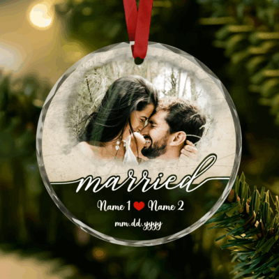 Personalized Couple Photo Glass Ornament - First Christmas Married Gift with custom names and date, clear round design, First Christmas Married keepsake for newlywed couple.