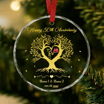 Personalized 50th Anniversary Glass Ornament - Christmas Anniversary Gift with custom names and date, elegant clear design, golden wedding anniversary Christmas keepsake gift.