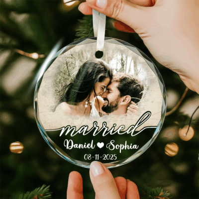 Personalized Couple Photo Glass Ornament - First Christmas Married Gift with custom names and date, clear round design, First Christmas Married keepsake for newlywed couple.