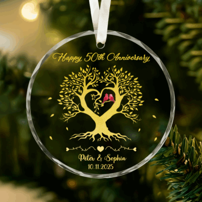 Personalized 50th Anniversary Glass Ornament - Christmas Anniversary Gift with custom names and date, elegant clear design, golden wedding anniversary Christmas keepsake gift.